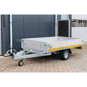 Eduard ongeremde enkelasser plateauwagen 2514-1-PB30-075-56, afmeting 250x145cm met 30cm borden, bruto laadvermogen 750kg, laadvloerhoogte 56cm, bandenmaat 195/55R10