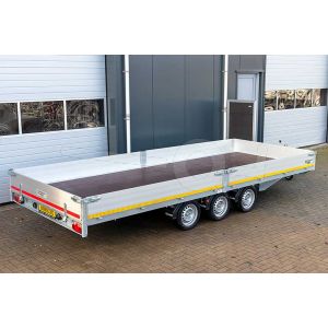 Eduard multitransporter 4022-5-PMB30-350-63, Lxb 406x220cm, Bruto 3500kg (2735kg netto), Lvh 63cm, Alu borden 30cm, Drieasser geremd, Banden 195/50R13, Met oprijplaten en lier.