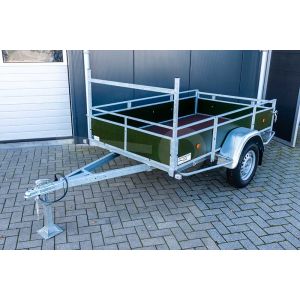 Power Trailer ongeremde enkelasser aanhangwagen 225x132cm, groene betonplex borden, bruto laadvermogen 750kg ongeremd