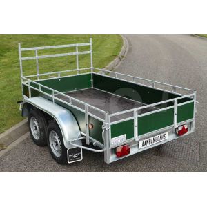 Power Trailer ongeremde tandemasser aanhangwagen, afmeting 257x132cm, groene betonplex borden, bruto laadvermogen 750kg