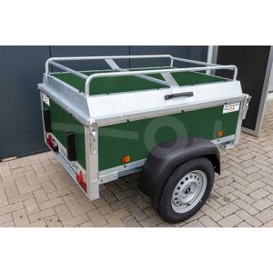 Power Trailer bagagewagen 150x110x50cm, bruto laadvermogen 750kg (570 netto), groene betonplex panelen, enkelas ongeremd