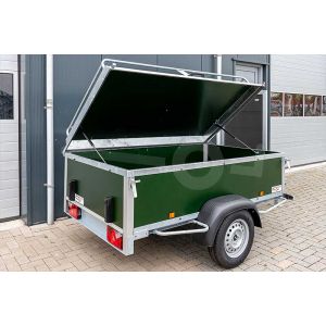 Power Trailer bagagewagen 200x110x60cm, bruto laadvermogen 750kg, groene betonplex panelen, enkelas ongeremd