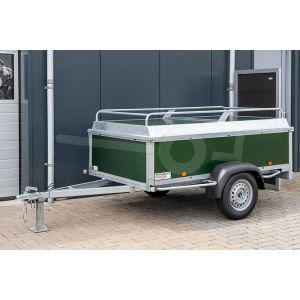 Power Trailer bagagewagen 200x132x60cm, bruto laadvermogen 750kg, groene betonplex panelen, enkelas ongeremd