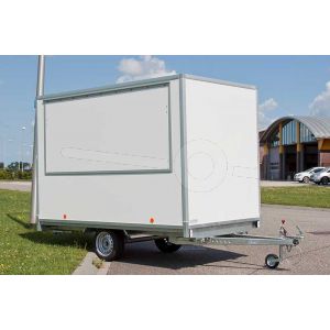 Verkoopwagen plateau casco 257x180x200cm (lxbxh), bruto 750 kg, wanden wit glad plywood, 1 deur achter, grote verkoopklep zijkant, enkelas