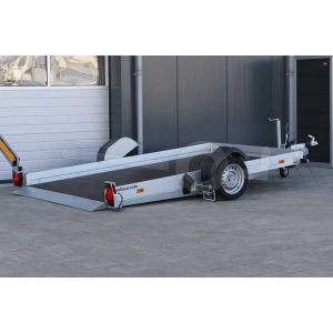 Humbaur transporter voor kleine voertuigen HKT 183117 S, Lxb 310x176cm, Bruto 1800kg (1415kg netto), Handmatig hydraulisch zakbaar, Lvh 42cm, Borden 15cm, Oprijhoek 4°, Enkelas geremd, Banden 195/50R13