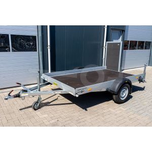 Transporter voor kleine voertuigen, 311x176x15,  bruto1500kg (1196 netto), vloerhoogte 57cm, banden 14", enkelas