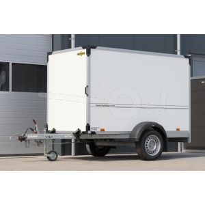 Humbaur HK 132513-15P FlexZurr gesloten aanhangwagen, 251x132x152(lxbxh), bruto 1300kg(892 netto),witte 15mm plywood wanden en 1 deur achter, vloerhoogte 54cm, banden 14", enkelas