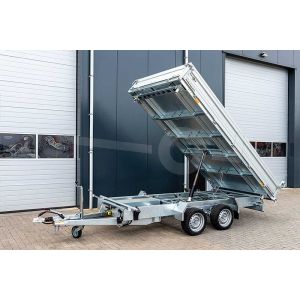 Humbaur kipper HTK 3500.37 (lxb) 363x185cm, bruto 3500kg (2485 netto), 3 zijdig kippend, Elektrisch+handmatig, laadvloerhoogte 75cm, 35cm aluminium borden, banden 13", tandemas