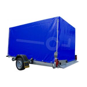 Blauwe huif voor de Humbaur HKT zakbare transporter 310 x 176 cm met een dakhoogte van 160 cm vanaf de laadvloer.