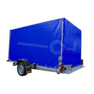 Blauwe huif voor de Humbaur HKT zakbare transporter 250 x 156 cm met een dakhoogte van 180 cm vanaf de laadvloer.