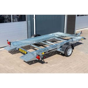 Martz kantelbare autotransporter Tieflader 350 1800, Bakmaat 353x183cm, Bruto 1800kg (1427kg netto), Open laadvloer met stalen rijbanen, Lvh 41cm, Oprijhoek circa 10°, Enkelas geremd, Banden 195/50R13