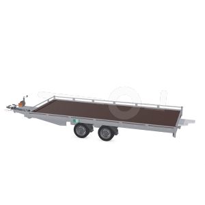Eduard autotransporter, Lxb 506x220cm, Bruto 2700kg, Lvh 63cm, Oprijhoek 15&deg;, Reling 10cm, Dichte vloer, Tandemas geremd, Banden 195/50R13, Met oprijplaten en lier.