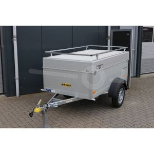 Humbaur aluminium bagagewagen (lxbxh) 205x110x68cm, type HA 752111-5 met deksel en reling, Bruto 750kg (577kg netto), Aluminium wanden 50cm, Enkelas ongeremd, Banden 145/80R13