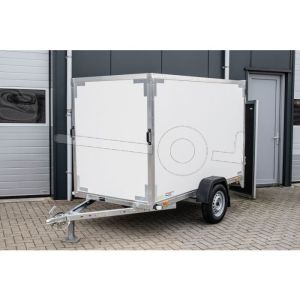 Gesloten aanhangwagen (lxbxh) 258x150x150cm, Bruto 750kg (426kg netto), Witte PPL panelen, 2 achterdeuren, Vloerhoogte ca.55cm, Enkelas ongeremd, Banden 13
