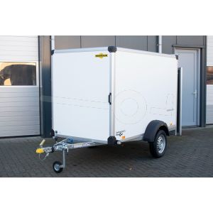 Humbaur gesloten aanhangwagen 251x132x152cm (lxbxh), HK 752513-15P FlexZurr, Bruto 750kg (365kg netto), Witte 15mm plywoodpanelen, Eén achterdeur, Vloerhoogte 50cm, Banden 145/80R13, Enkelas ongeremd