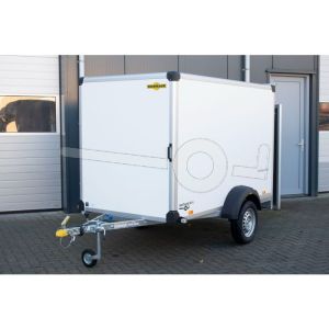 Humbaur gesloten aanhangwagen 251x132x152cm (lxbxh), HK 752513-15P FlexZurr, Bruto 750kg (365kg netto), Witte 15mm plywoodpanelen, Eén achterdeur, Vloerhoogte 50cm, Banden 145/80R13, Enkelas ongeremd