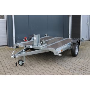 Martz transporter voor kleine voertuigen, 264 x 161cm, Bruto 750kg ( 506 kg netto ) , Handmatig hydraulisch zakbaar , Enkelas ongeremd , Banden 13 inch