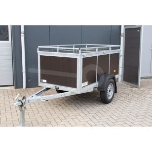 VDM bagagewagen, (lxbxh) 150x100x60cm, Bruto 750kg (566kg netto), Bruine betonplex panelen, Enkelas ongeremd, Banden 155/80R13