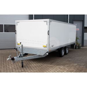 Lesaanhangwagen met vaste gesloten opbouw van Twins Trailers conform CBR eisen, Bakmaat 451x187x130cm, totale afmetingen 602x187x200 cm, Bruto 2000kg, Tandemas geremd 