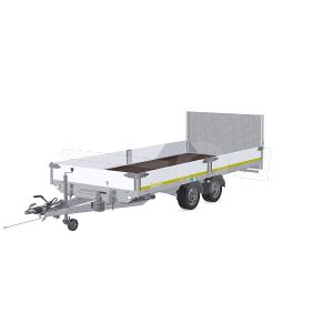 Eduard machinetransporter 4522-4-AK3-3063-J, Lxb 456x220cm, Kantelbaar, Bruto 3000kg (2169kg netto), Lvh 63cm, Alu borden 30cm, Brede oprijklep, Tandemas geremd, Banden 195/50R13, Handpomp bediening