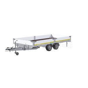 Eduard kantelbare multitransporter 4522-4-AO3-3563-J, Lxb 456x220cm, Bruto 3500kg (netto 2563kg), Lvh 63cm, Alu borden 30cm, Tandemas geremd, Banden 195/50R13, Met oprijplaten. Handpomp bediening.