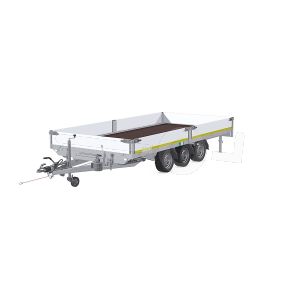 Eduard kantelbare multitransporter 4522-5-AO3-3563-J, Lxb 456x220cm, Bruto 3500kg (netto 2563kg), Lvh 63cm, Alu borden 30cm, Tridemas geremd, Banden 195/50R13, Met oprijplaten. Handpomp bediening.