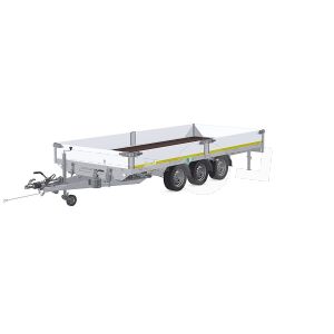 Eduard kantelbare multitransporter 4520-5-AO3-3563-J, Lxb 456x200cm, Bruto 3500kg (2590kg netto), Lvh 63cm, Alu borden 30cm, Tridemas geremd, Banden 195/50R13, Met oprijplaten. Handmatige bediening.