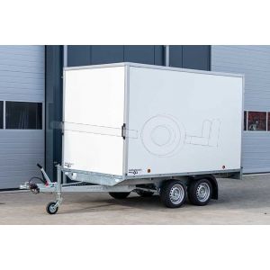 Power Trailer gesloten plateau aanhangwagen (lxbxh) 307x160x188cm, model GEPLA NR.4, Bruto 3500kg, witte glad plywood panelen met polyester coating (ook wit dak), Tandemas geremd.