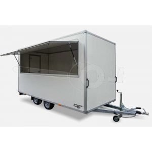 Powertrailer verkoopwagen VKWnr21, plateau casco, 607x225x220cm (lxbxh), bruto 3500 kg, wanden wit glad plywood, 1 deur achter, grote verkoopklep zijkant, tandemas