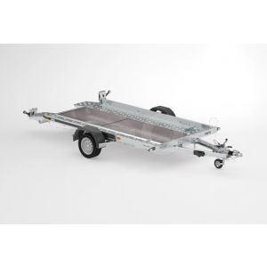 Martz kantelbare autotransporter Tieflader 350 1800, Bakmaat 353x183cm, Bruto 1800kg (1409kg netto), Gesloten laadvloer met rijbanen, Lvh 41cm, Oprijhoek circa 10°, Enkelas geremd, Banden 195/50R13
